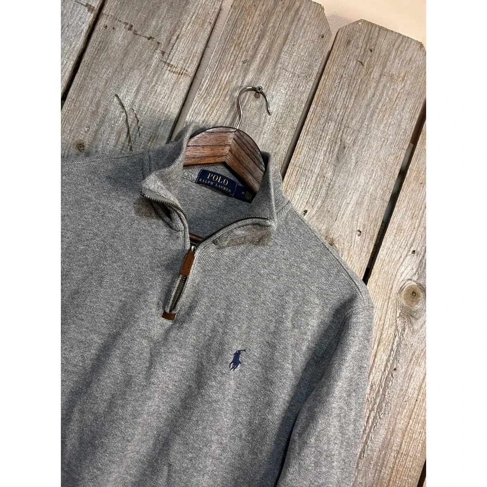 Polo Ralph Lauren Mens Heather Grey Quarter Zip Cotton Pullover Sweater Medium